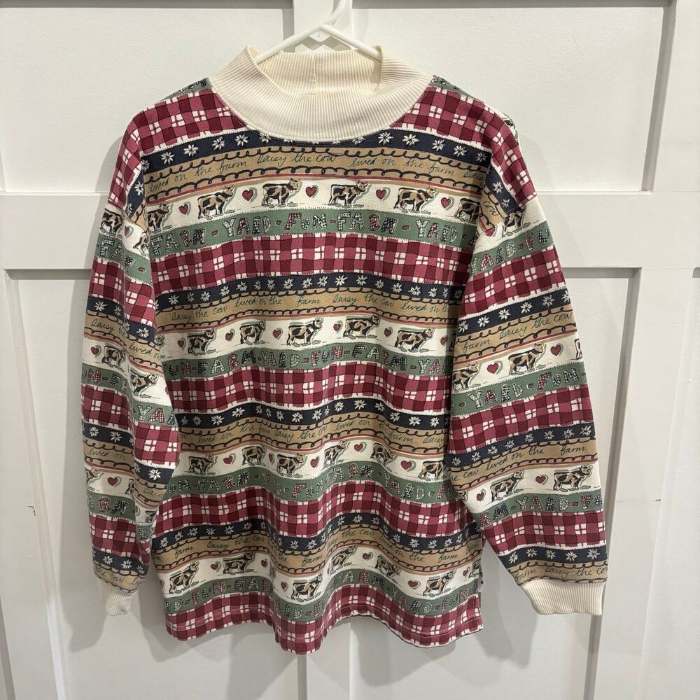 Vintage Erika & Company Farm Print Mock Neck Sweatshirt